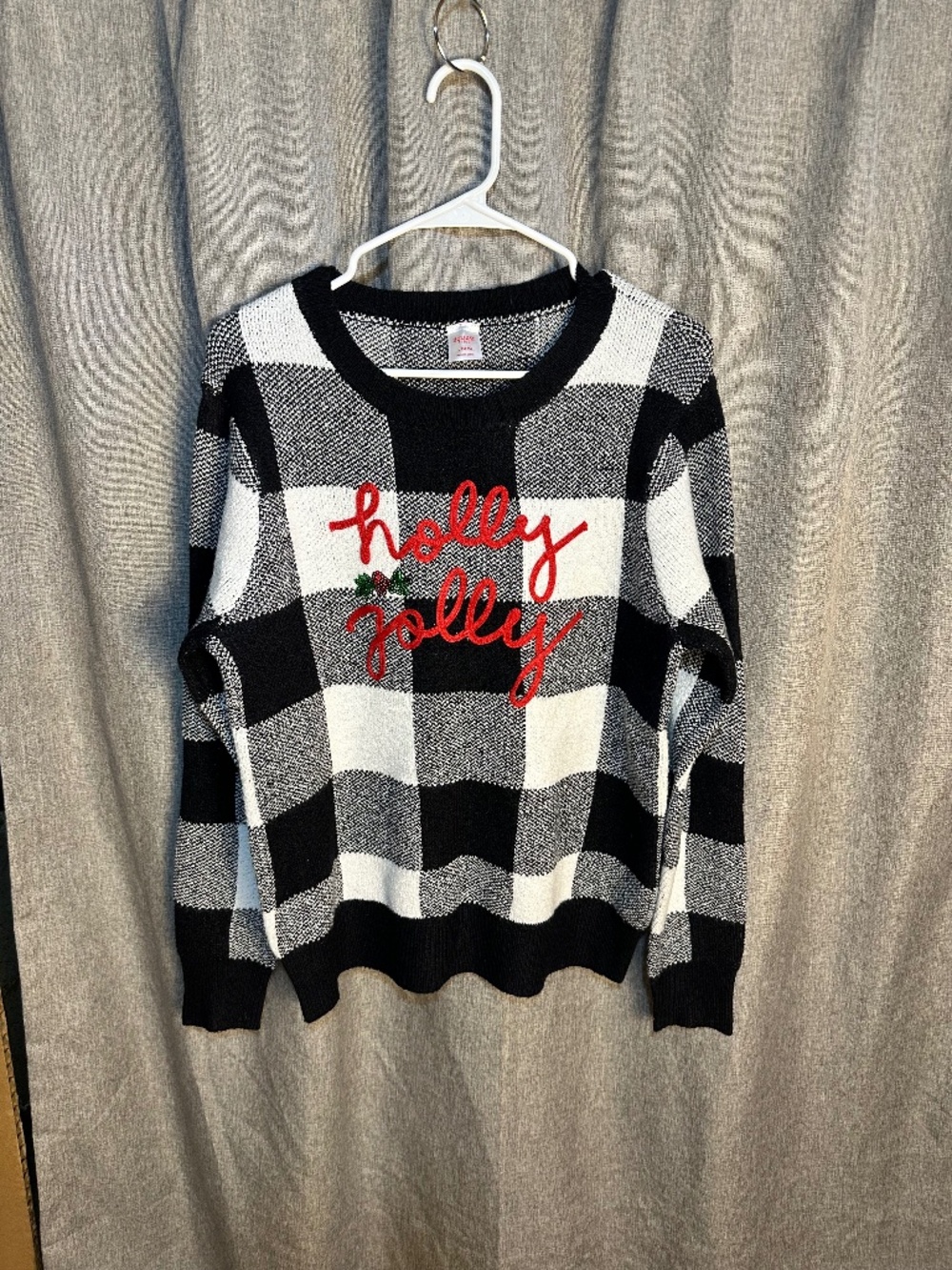 Holiday Time Black White Buffalo Plaid Holly Jolly Christmas Sweater - Large